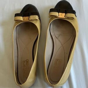 Salvatore Ferragamo Yellow Patent Leather Bow Cap-Toe Flats with Brown Accents